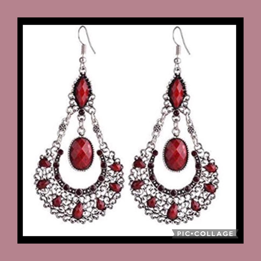 NWT HP Silver Boho Rhinestone Ruby Red Dangle Earrings